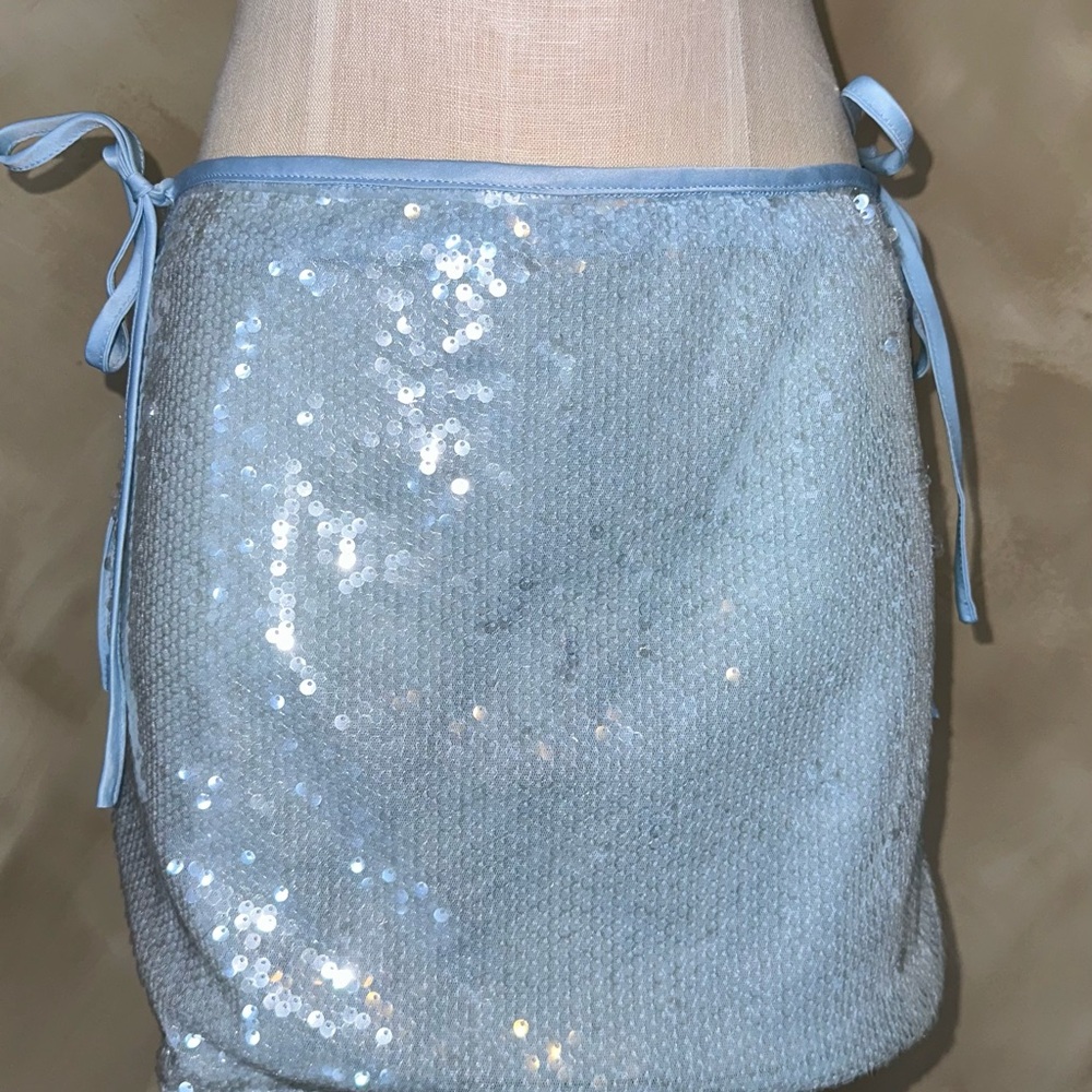 Light Blue Sequin Tie-Side Mini Skirt